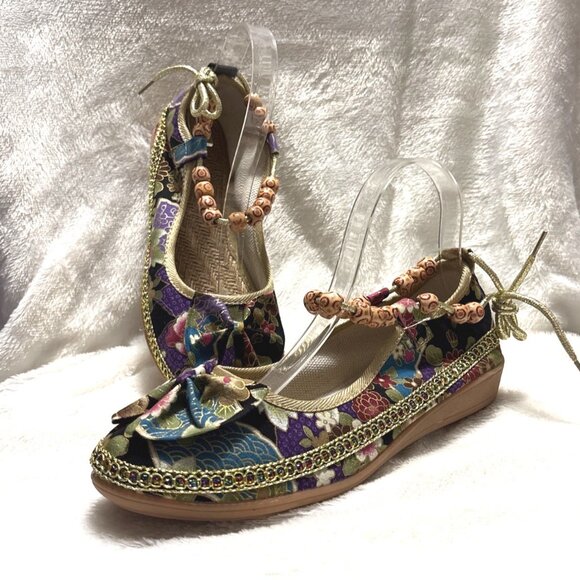 NEWFloral Embroidered Ballet Flats With Beaded Ankle Strap Accents & Bow Details - Picture 1 of 6